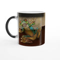 Magic color changing 11 oz mug - Toad-ally caffeinated features green and blue tree frog with orange eyes clinging to the side 11oz left view