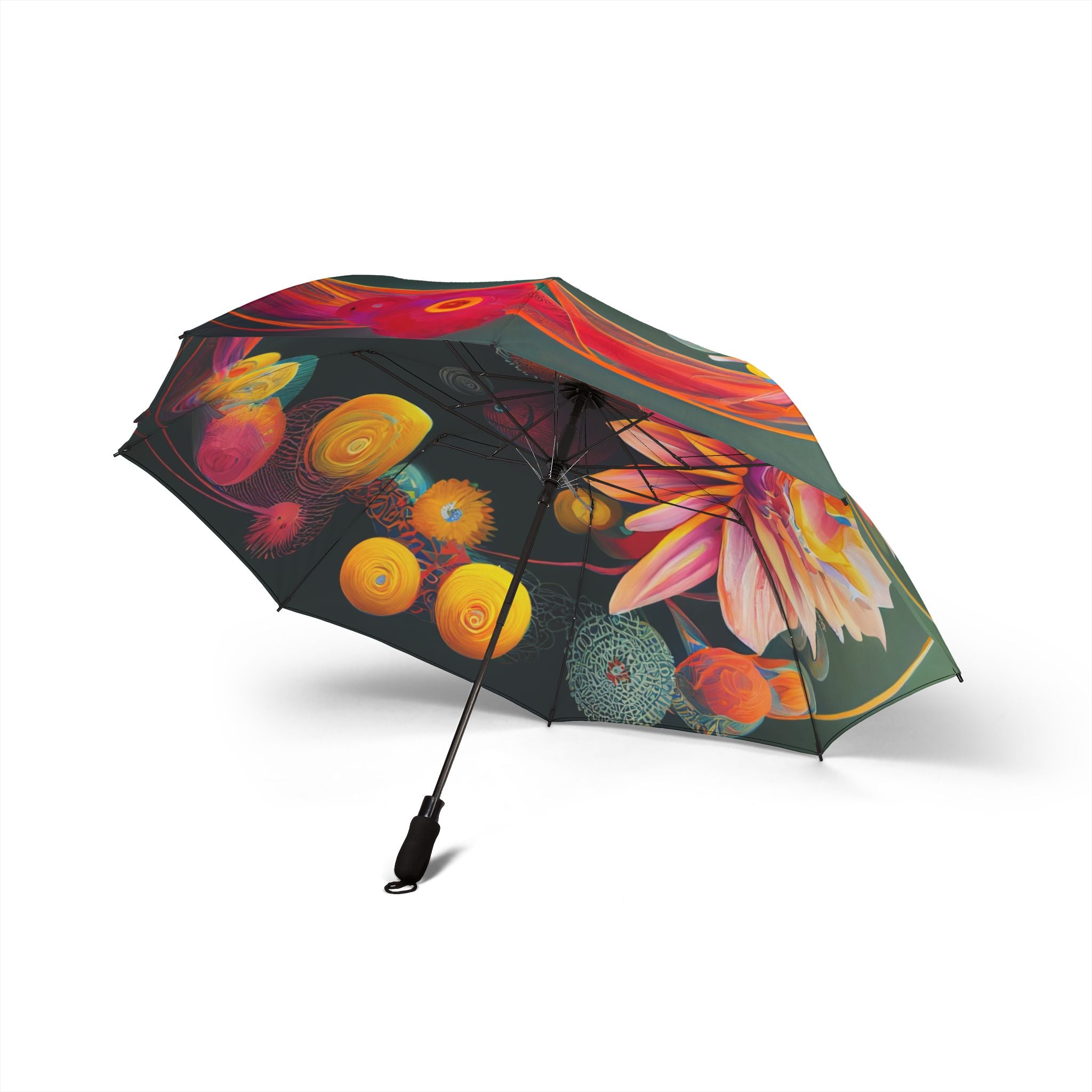 Colorful opened umbrella with floral design