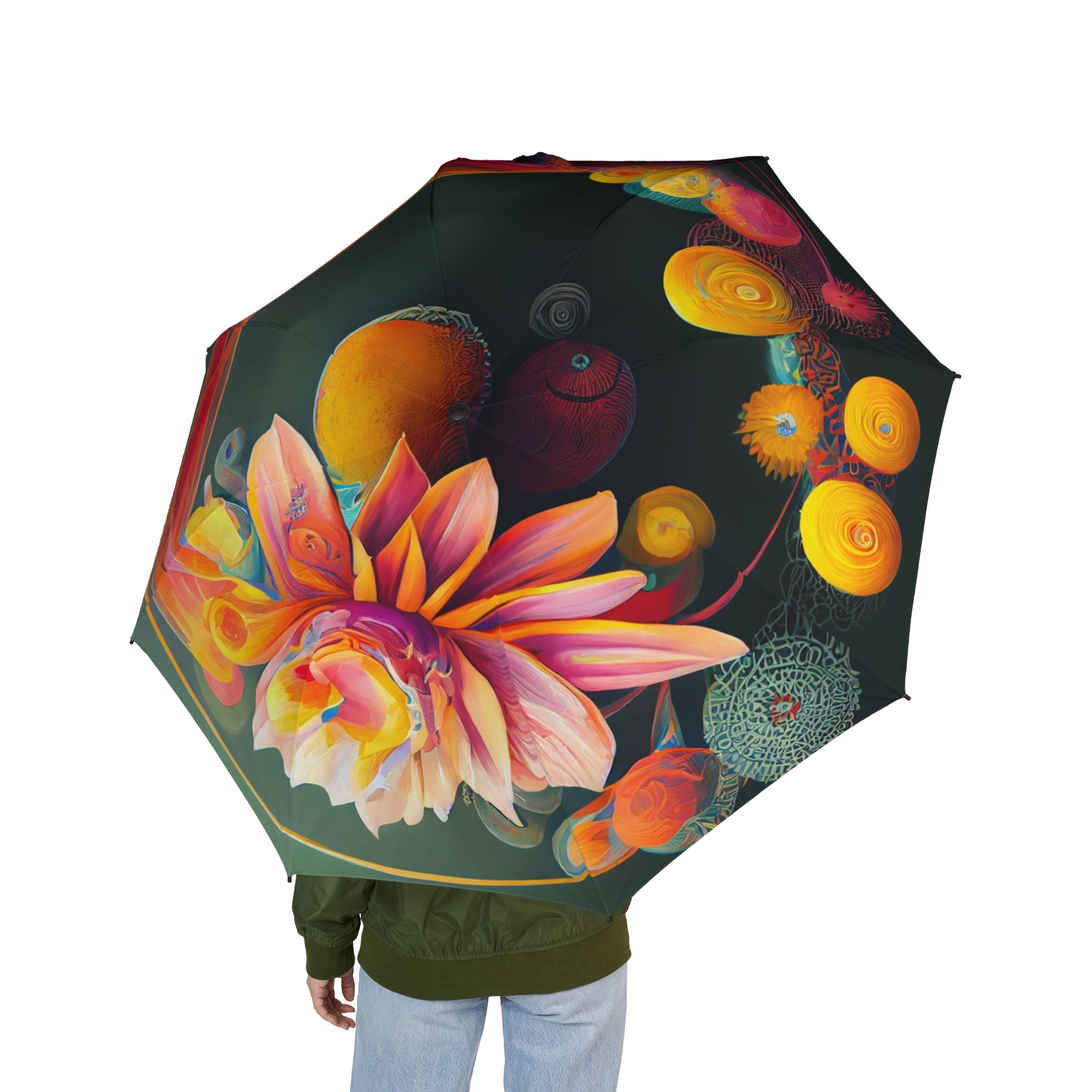 Umbrella with a colorful floral design held by person - back view