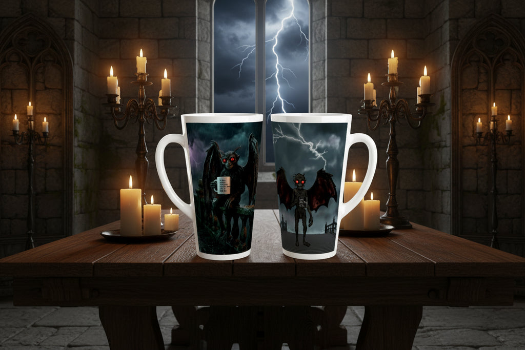 Premium white ceramic latte mug - Mothman design - creature holding mug with text " I only appear when the coffee runs out, or Red eye" - sitting on bridge under stormy night sky - 17 oz - left view - standing on bridge - right view