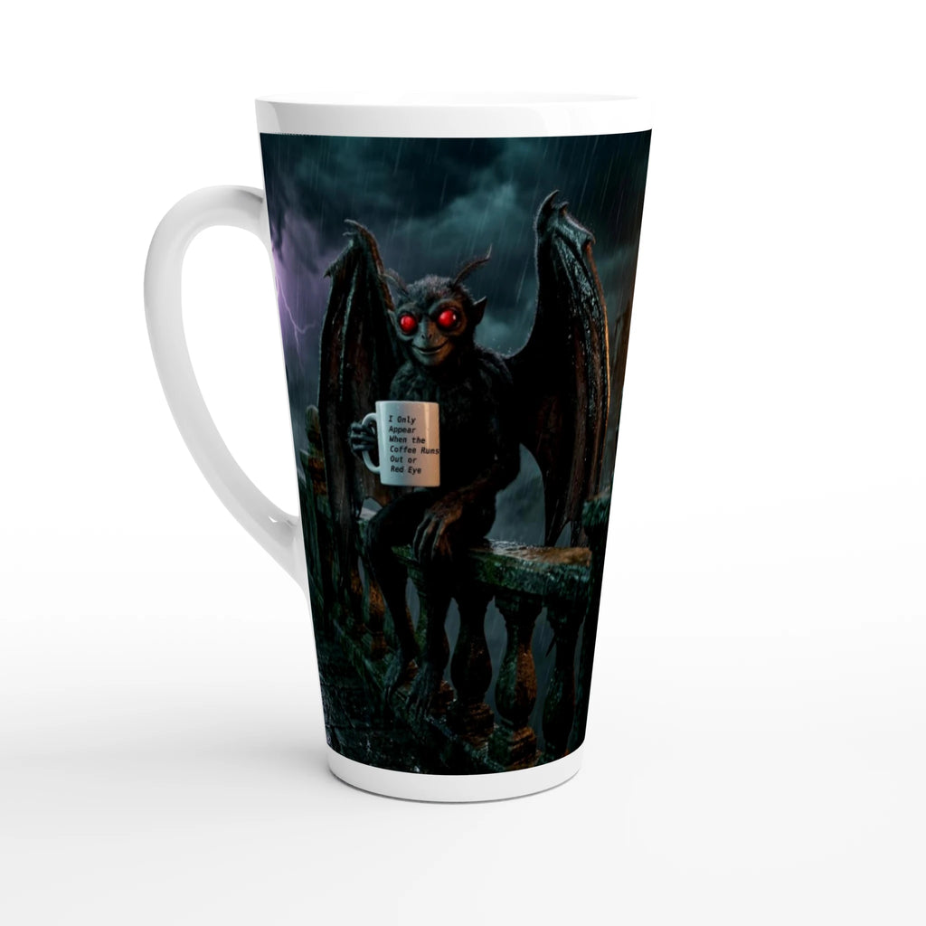 Premium white ceramic latte mug - Mothman design - creature holding mug with text " I only appear when the coffee runs out, or Red eye" - sitting on bridge under stormy night sky - 17 oz - left view