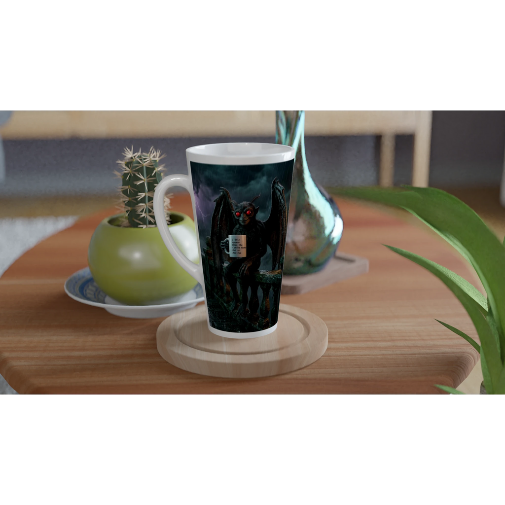 Premium white ceramic latte mug - Mothman design - creature holding mug with text " I only appear when the coffee runs out, or Red eye" - sitting on bridge under stormy night sky - 17 oz - left view