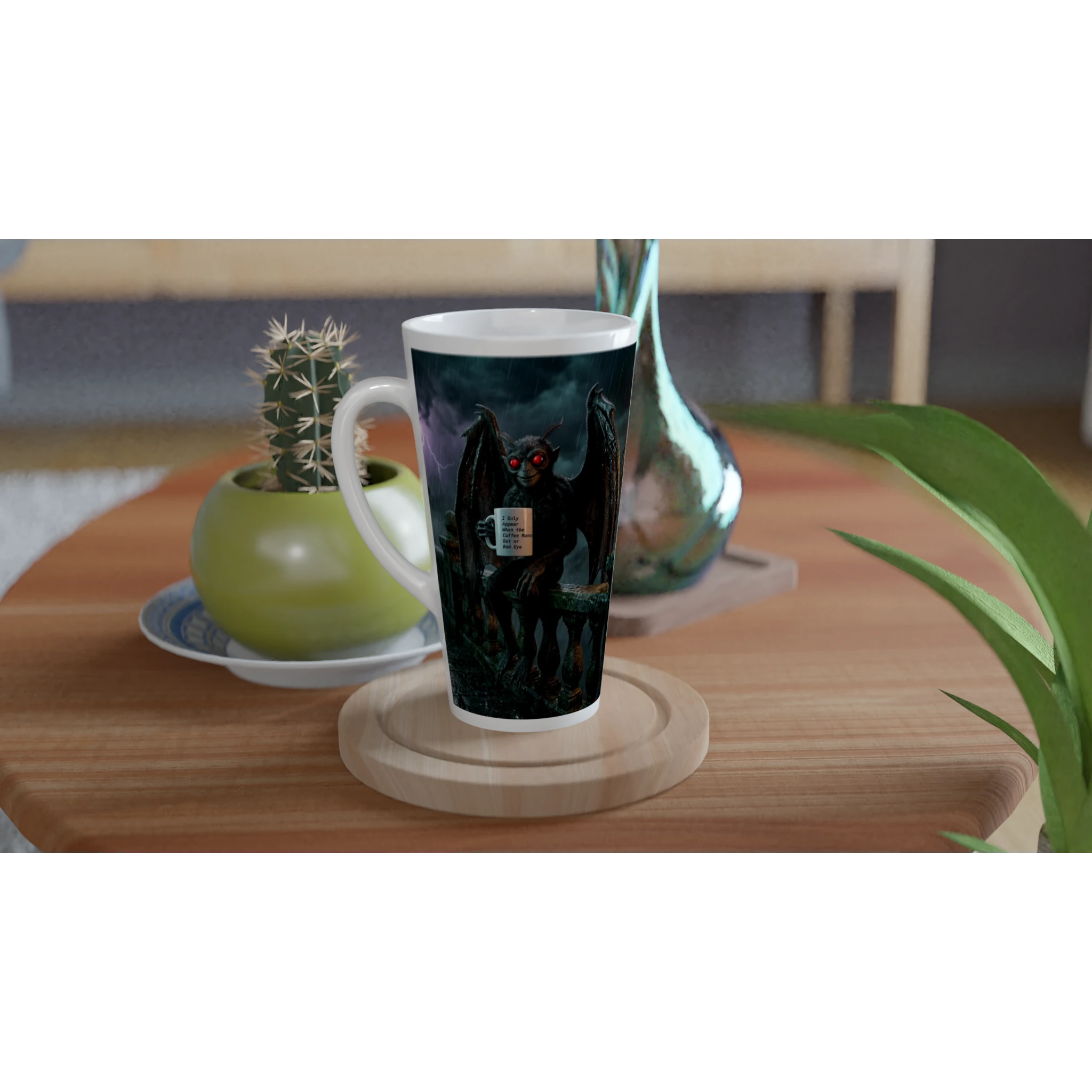 Premium white ceramic latte mug - Mothman design - creature holding mug with text " I only appear when the coffee runs out, or Red eye" - sitting on bridge under stormy night sky - 17 oz - left view