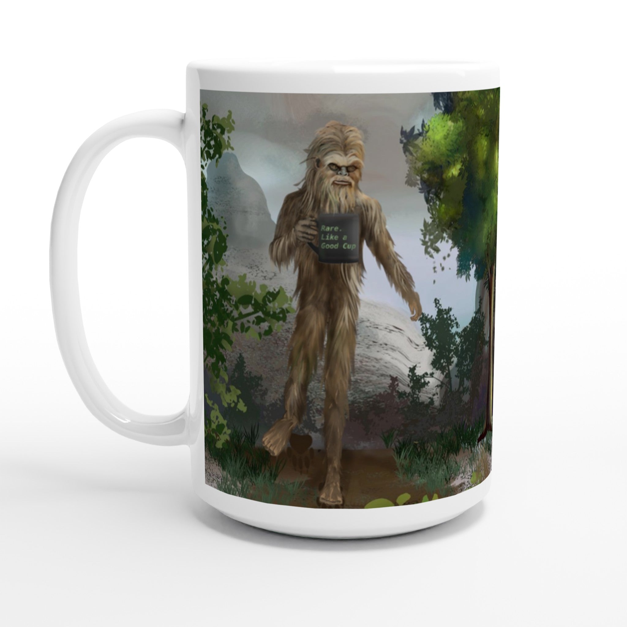 Premium white ceramic - Big Foot Mug- Rare. Like a Good Cup 15 oz size - Shows Big foot standing tall  holding mug deep in the forest - left view