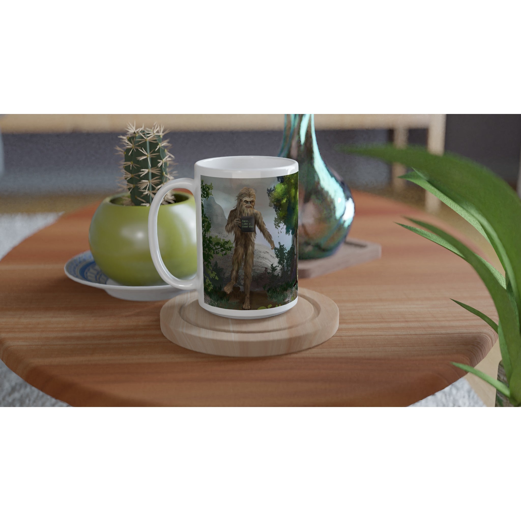 Premium white ceramic - Big Foot Mug- Rare. Like a Good Cup 15 oz size - Shows Big foot standing tall holding mug deep in the forest - left view