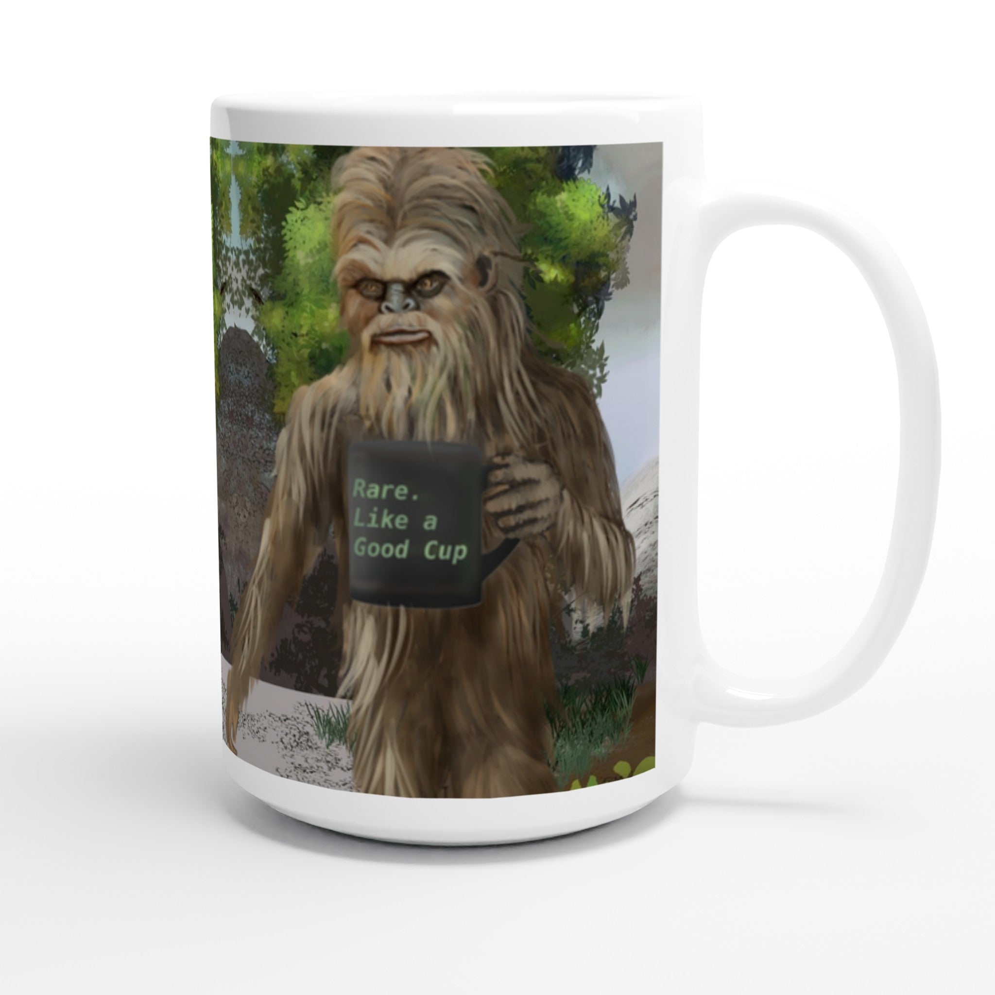 Premium white ceramic - Big Foot Mug- Rare. Like a Good Cup 15 oz size - Shows Big foot holding mug deep in the forest - right view