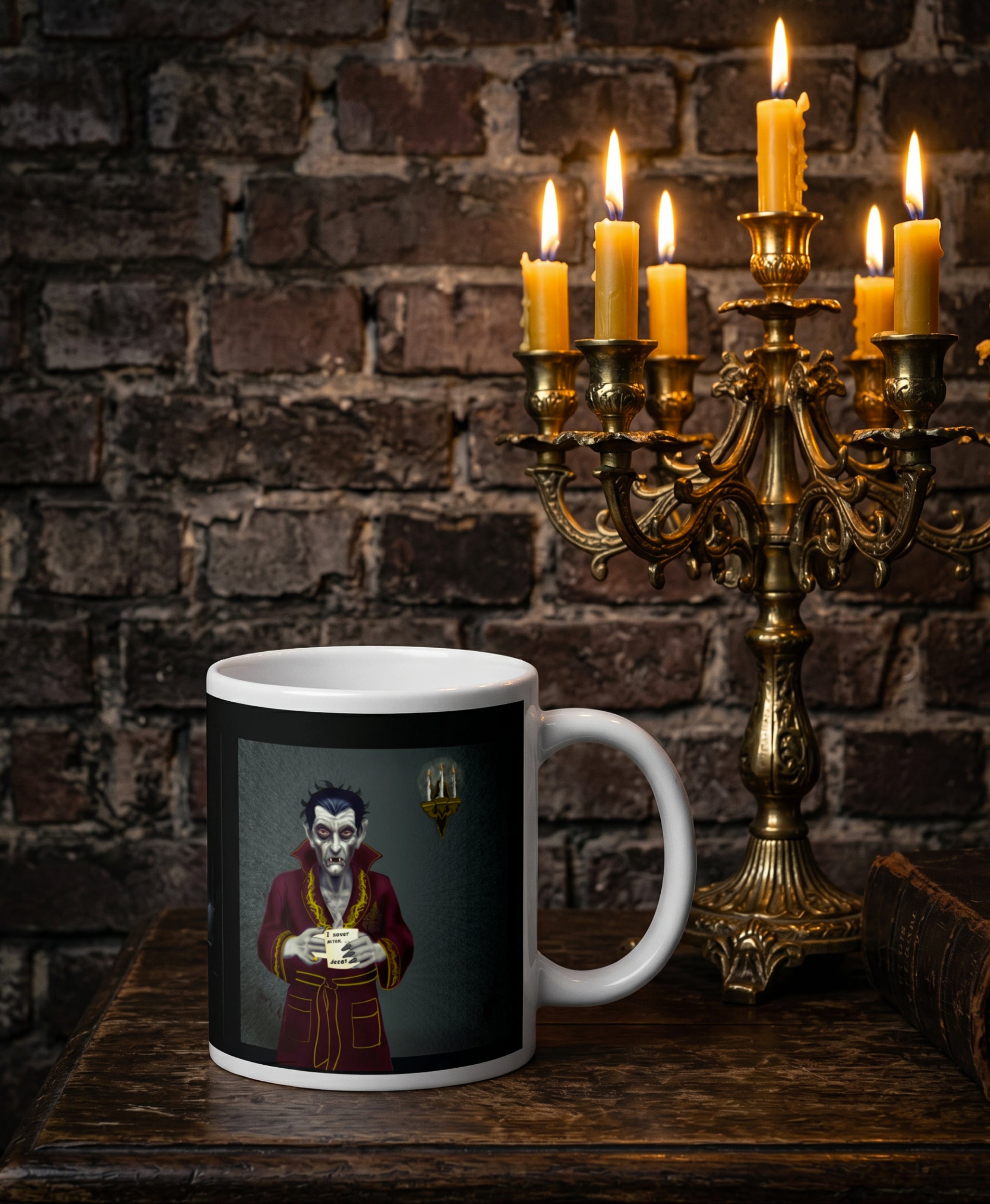 Mug with a character design on a wooden table with a candelabrum and candles against a brick wall.