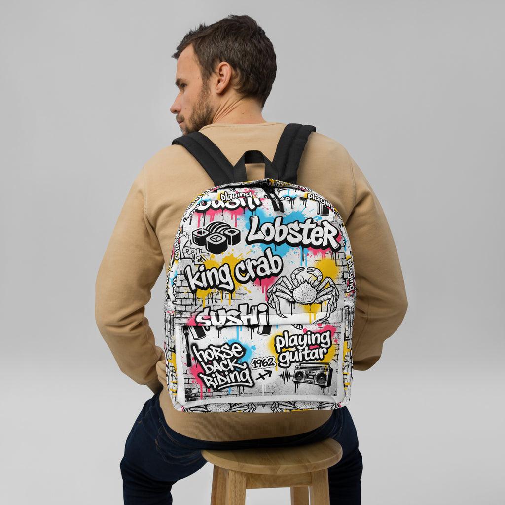 Personalized graffiti Backpack— custom design example with sushi, lobster and king crab 
