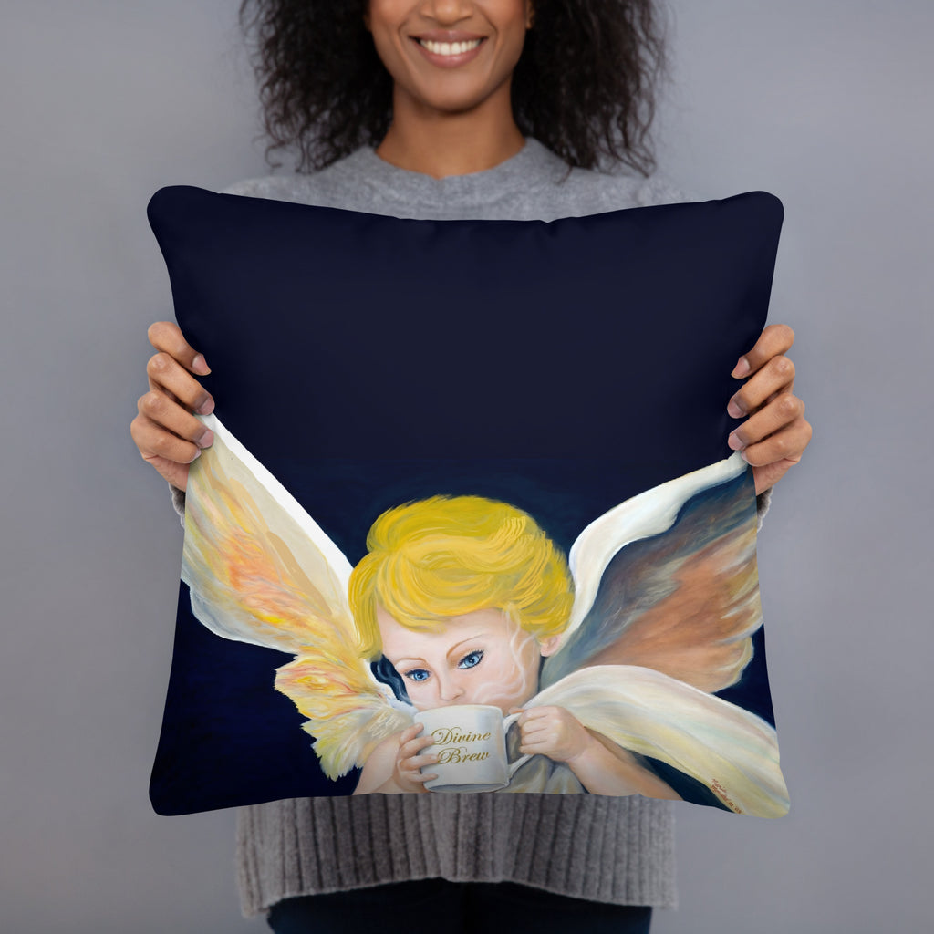 Divine Brew Amorino Angel pillow - Valentine's Day gift featuring classical oil painting of blonde cherub with coffee mug on navy background - 18 x 18 -back view