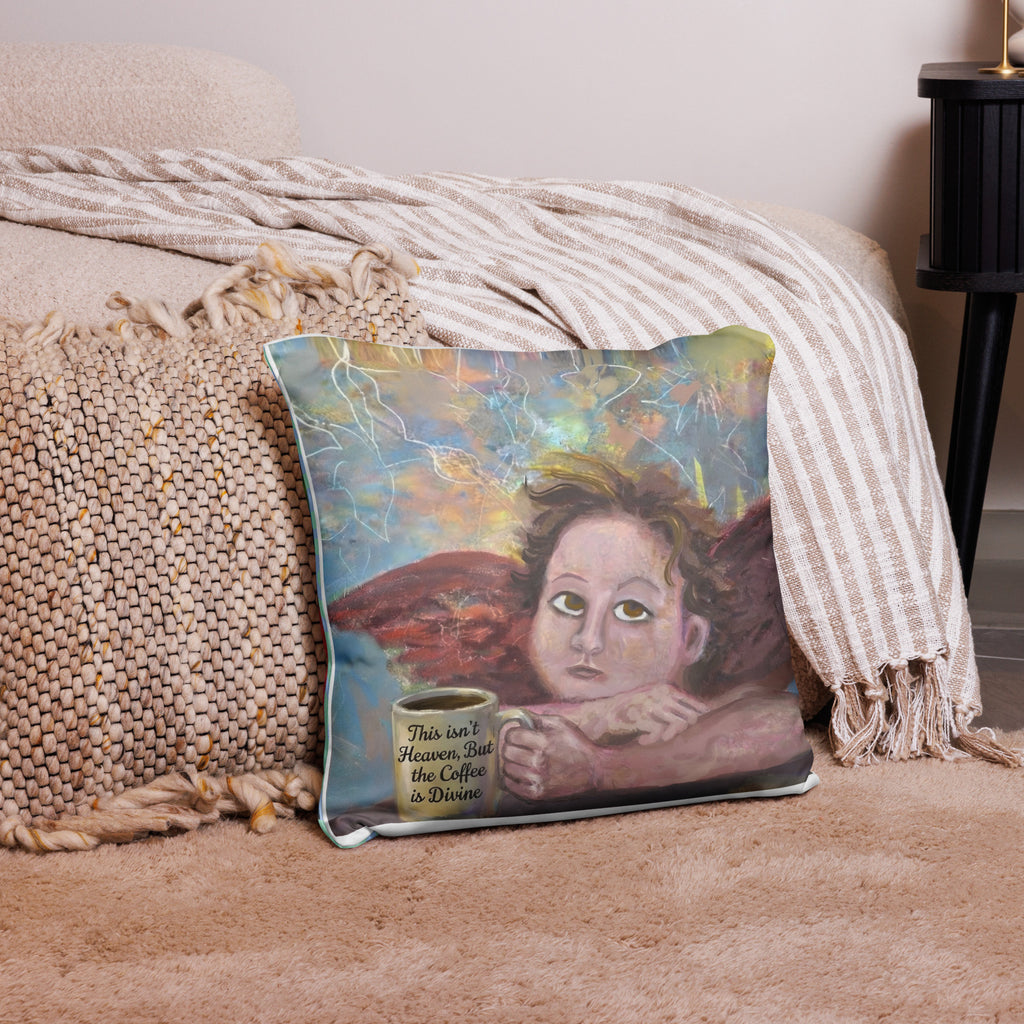 Fallen Angels Coffee pillow Valentine's Day gift - right angel with This isn't Heaven But the Coffee is Divine mug - classical art- 18 x 18 - back view