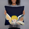 Divine Brew Amorino Angel pillow - Valentine's Day gift featuring classical oil painting of blonde cherub with coffee mug on navy background - 18 x 18 -front view