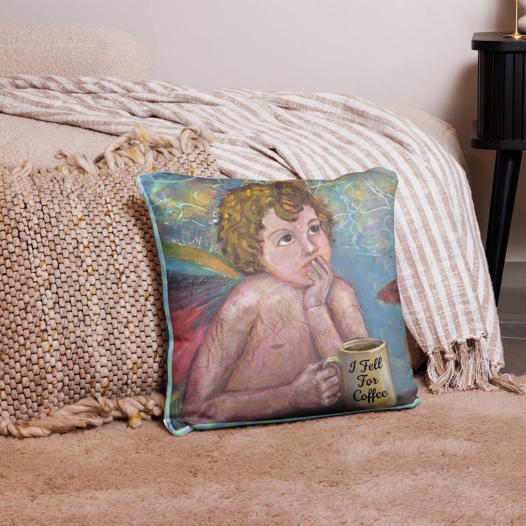 Fallen Angels Coffee pillow Valentine's Day gift - left angel holding I Fell For Coffee mug - classical oil painting- 18 x 18 - front view