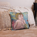 Fallen Angels Coffee pillow Valentine's Day gift - left angel holding I Fell For Coffee mug - classical oil painting- 18 x 18 - front view