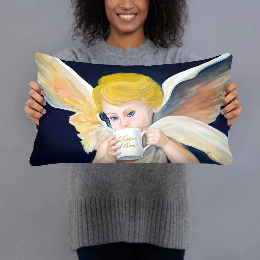 Divine Brew Amorino Angel pillow - Valentine's Day gift featuring classical oil painting of blonde cherub with coffee mug on navy background - 20 x 12 -back view