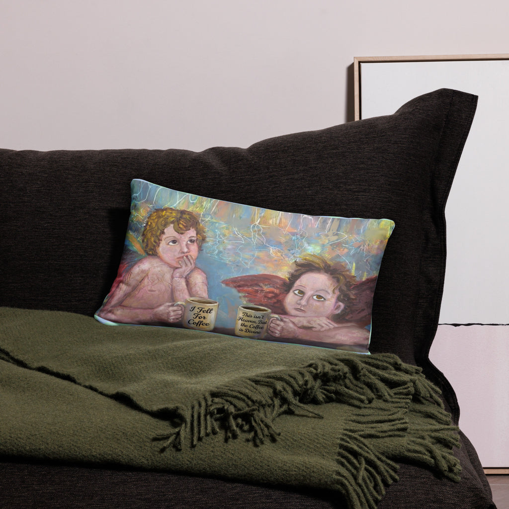 Fallen Angels Coffee pillow Valentine's Day gift - left angel holding I Fell For Coffee mug - Right angel with This isn't Heaven But the Coffee is Divine mug - classical art-- 22 x 12 - back view