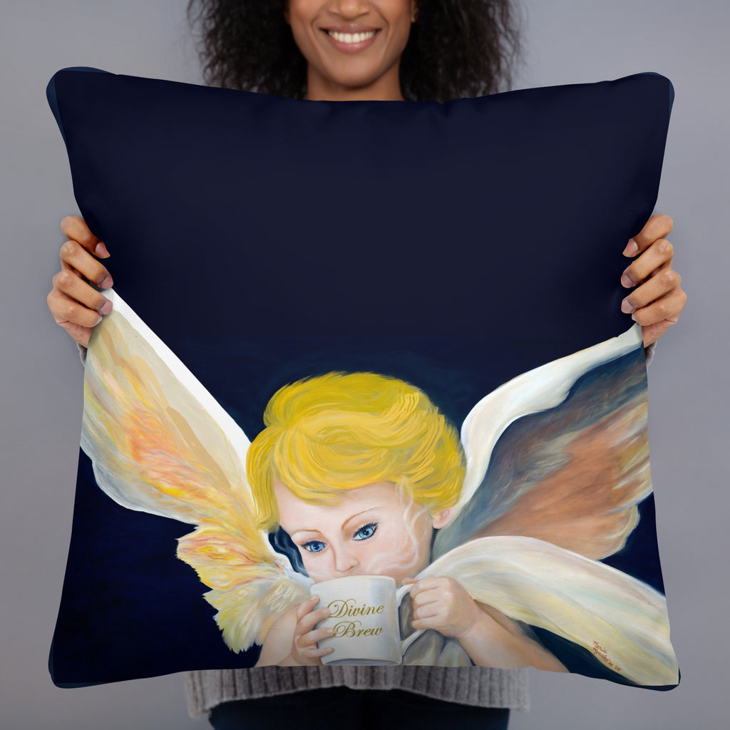 Divine Brew Amorino Angel pillow - Valentine's Day gift featuring classical oil painting of blonde cherub with coffee mug on navy background - 20 x 22 -back view
