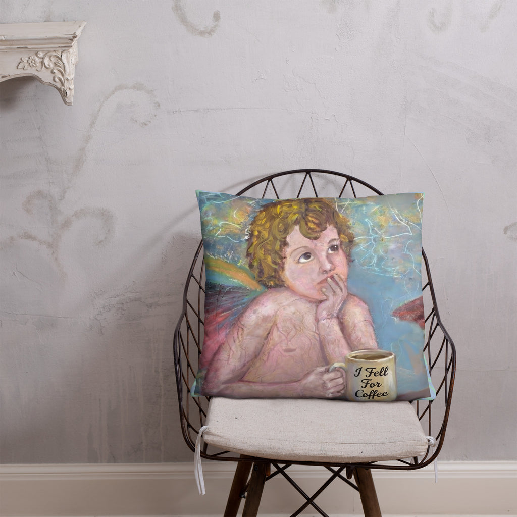 Fallen Angels Coffee pillow Valentine's Day gift - left angel holding I Fell For Coffee mug - classical oil painting- 22 x 22 - back view