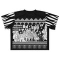 At The Monster Café Brew Crew Jersey — back view showing all 13 monsters gathered at the Monster Brew café, full gothic line art scene framed by ornamental border, black and white all-over print