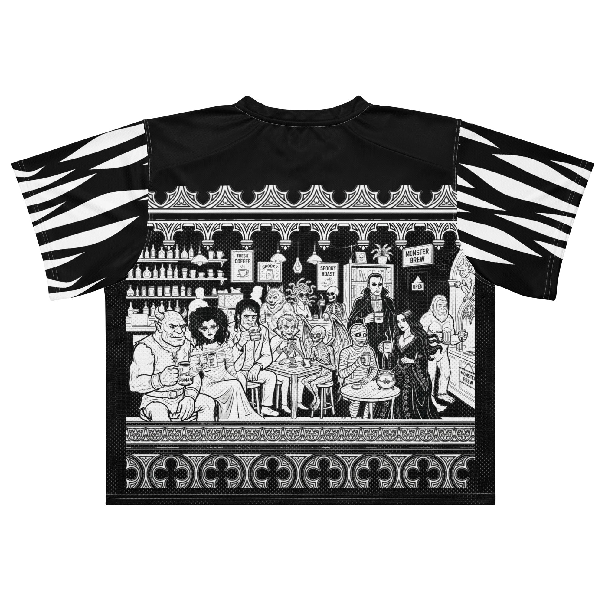 At The Monster Café Brew Crew Jersey — back view showing all 13 monsters gathered at the Monster Brew café, full gothic line art scene framed by ornamental border, black and white all-over print