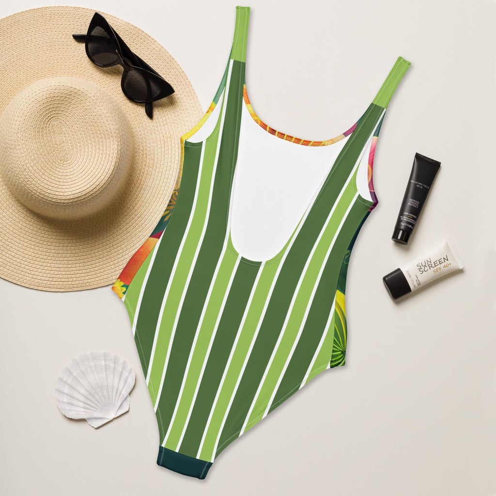 Back view of spiral floral design one piece swimsuit showing back with stripes of light and dark green