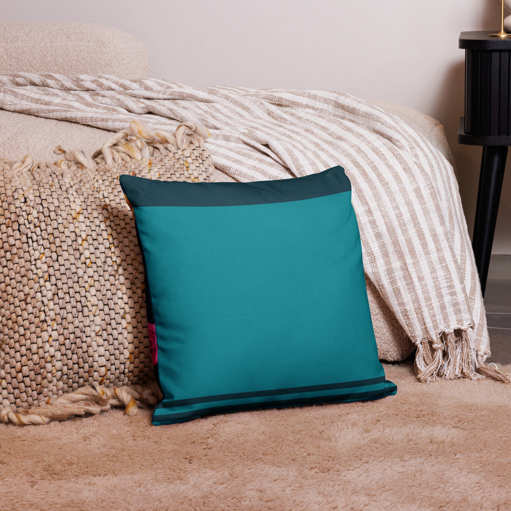 Premium Textured Bloom Throw Pillow - Turquoise  with rich teal border stripe- 18" x 18" back view