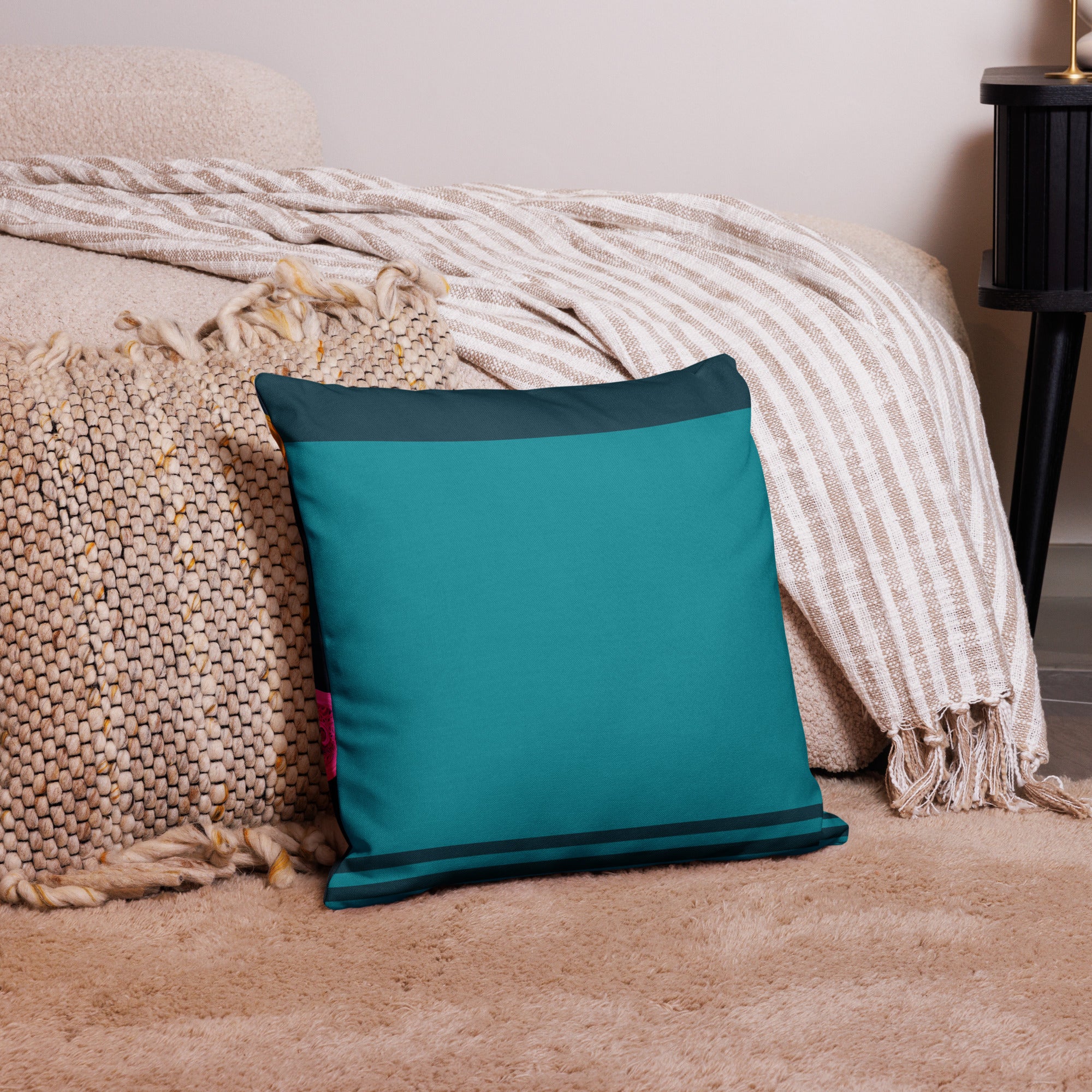 Premium Textured Bloom Throw Pillow - Turquoise  with rich teal border stripe- 18" x 18" back view