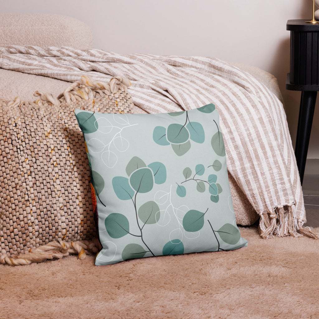 Premium Botanical Garden Throw Pillow -teal leaf design with delicate branches-  18"x18" back view