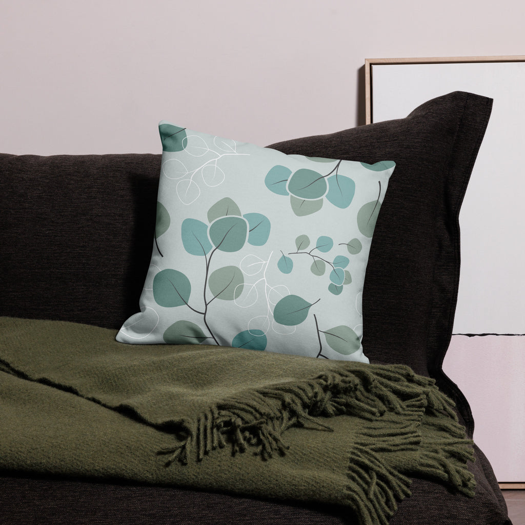 Premium Botanical Garden Throw Pillow -teal leaf design with delicate branches-  18"x 18" back view