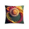 Premium Paper Quilled Daisy Throw Pillow - Intricate swirling ribbons in sunset pinks, golden yellows, and deep purples surrounding a delicate daisy bloom. 18" x 18"  front view