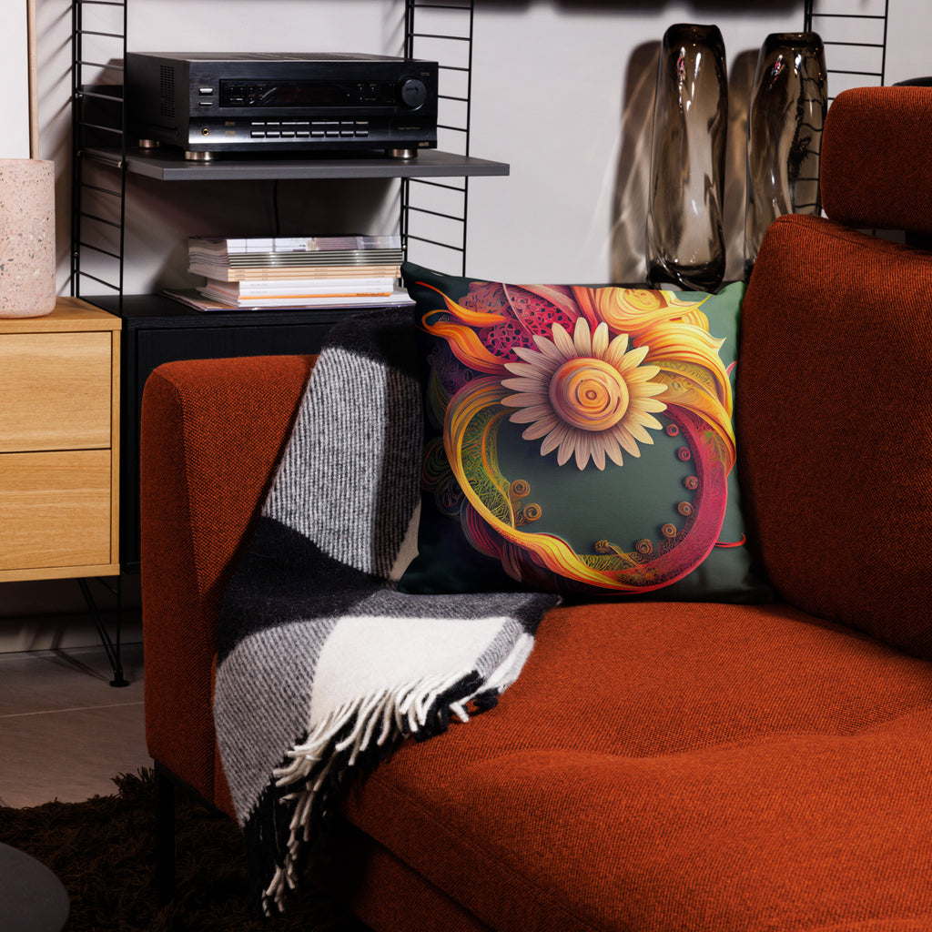 Premium Paper Quilled Daisy Throw Pillow - Intricate swirling ribbons in sunset pinks, golden yellows, and deep purples surrounding a delicate daisy bloom. 18" x 18"  living room view on burgundy sofa
