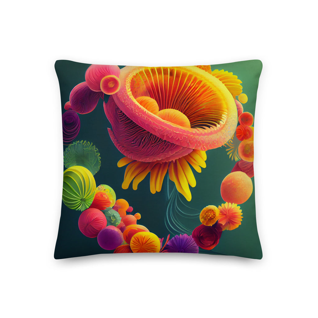 Premium Vibrant Spiral Bloom Throw Pillow - dramatic 3D floral design in vibrant sunset hues—coral pinks, golden yellows, and deep purples—against a rich teal background - 18' X 18"  front view
