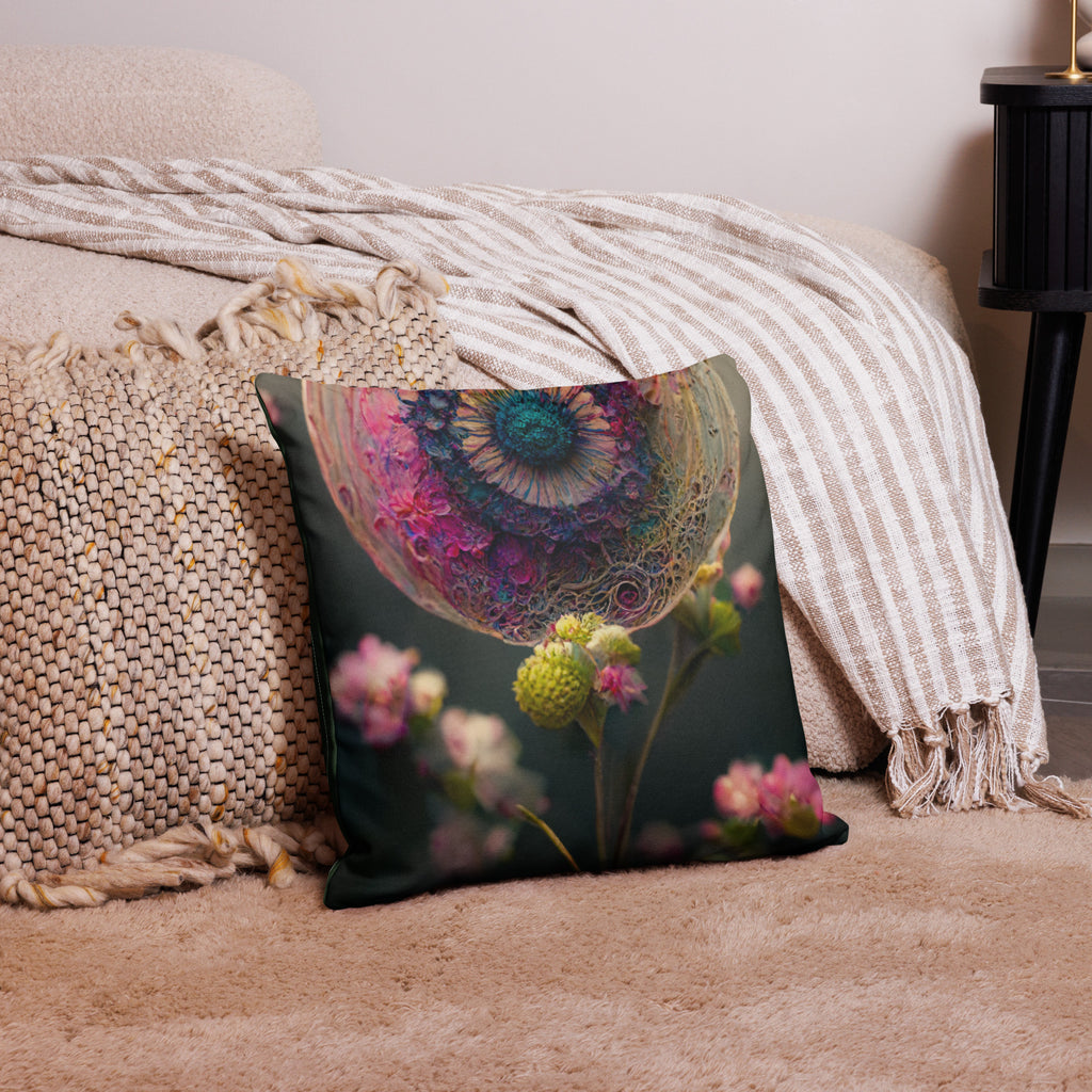 Premium Rainbow Moon Garden Throw Pillow - luminous crescent moon adorned with vibrant rainbow layers in pinks, purples, teals, and golds, surrounded by delicate wildflowers against a moody teal background, 18 x 18 front view