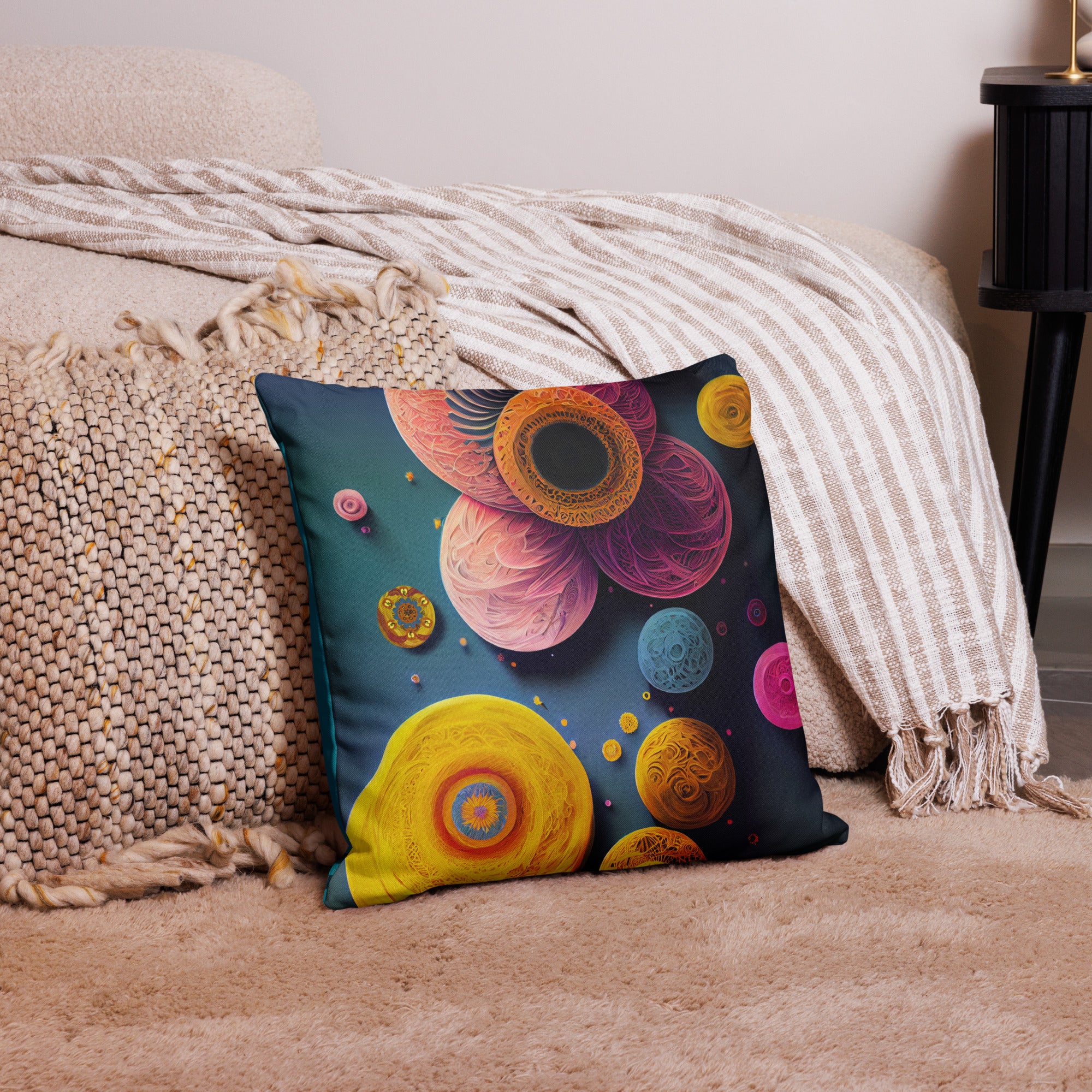 Premium Textured Bloom Throw Pillow - richly textured blooms in vibrant pinks, golds, and teals against a deep teal background - 18" x 18" front view