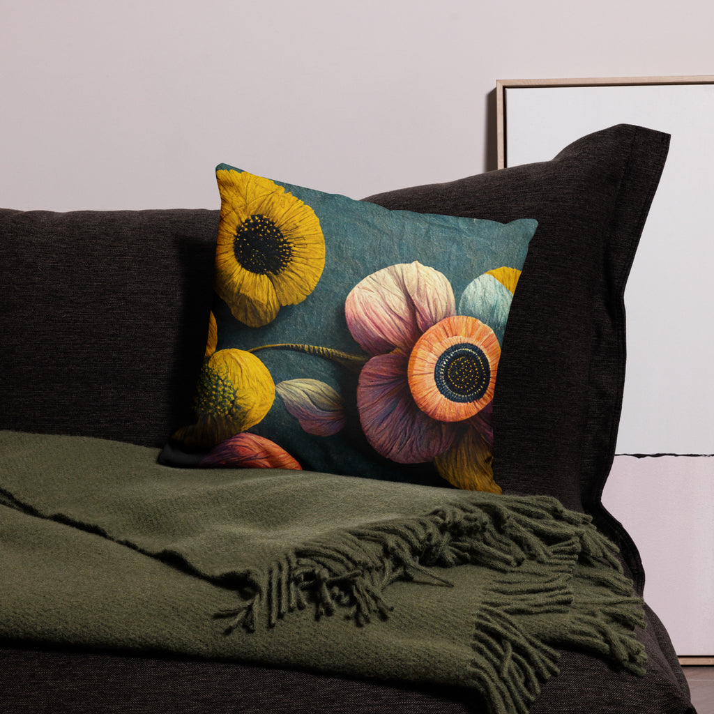 Premium Botanical Garden Throw Pillow -vibrant sunflowers and delicate blooms in golden yellows, soft pinks, and warm oranges against a rich teal background, - 18"x 18" front view