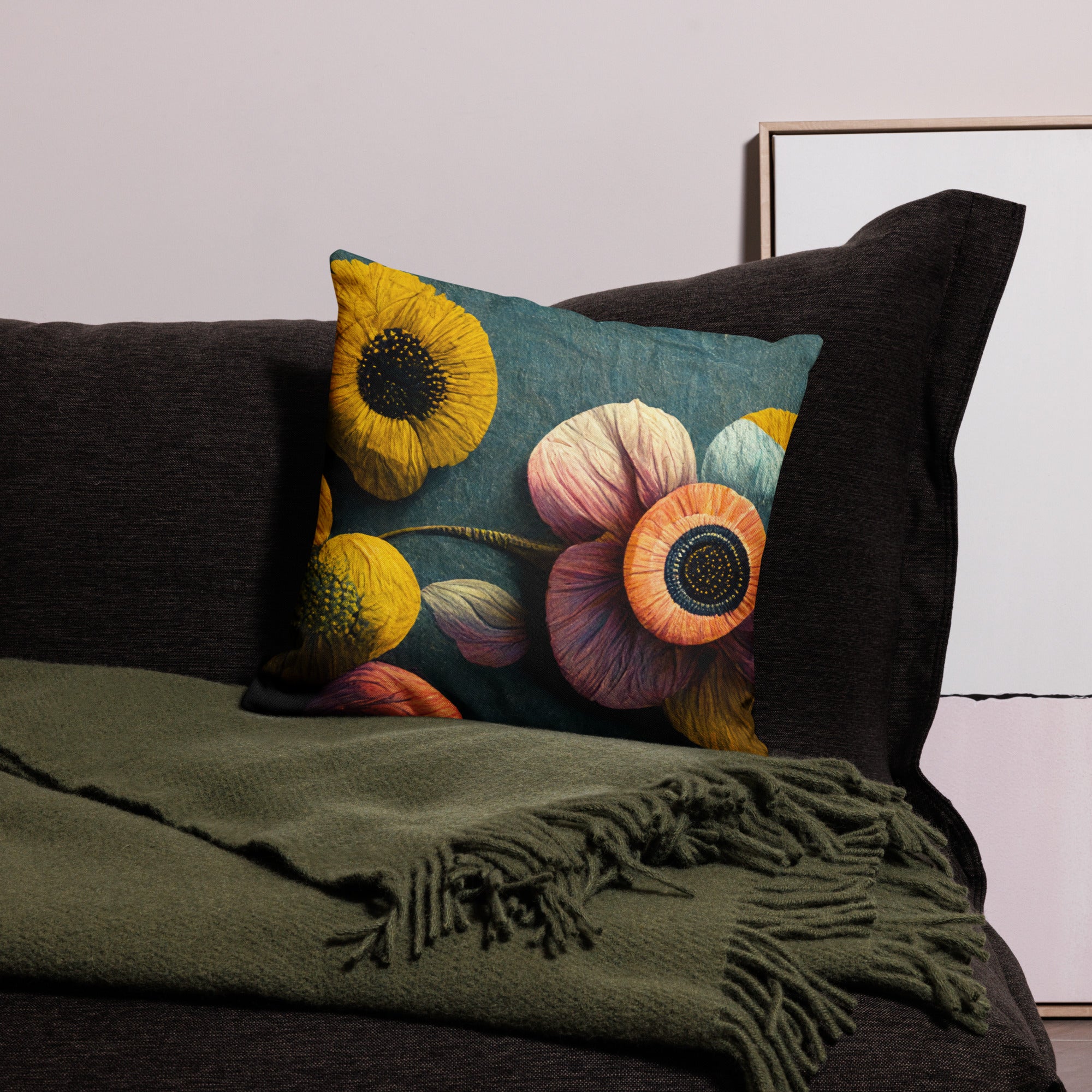 Premium Botanical Garden Throw Pillow -vibrant sunflowers and delicate blooms in golden yellows, soft pinks, and warm oranges against a rich teal background, - 18"x 18" front view
