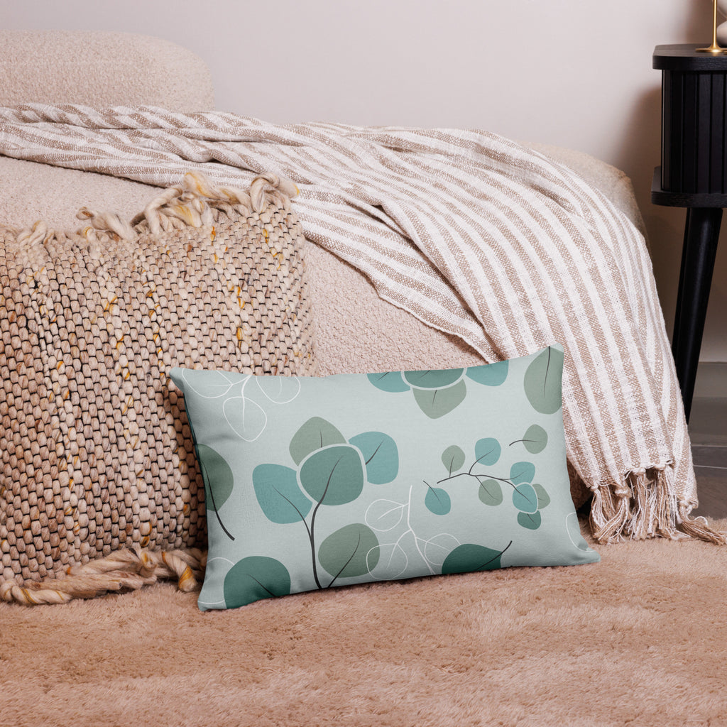 Premium Botanical Garden Throw Pillow -teal leaf design with delicate branches-  20"x 12" back view