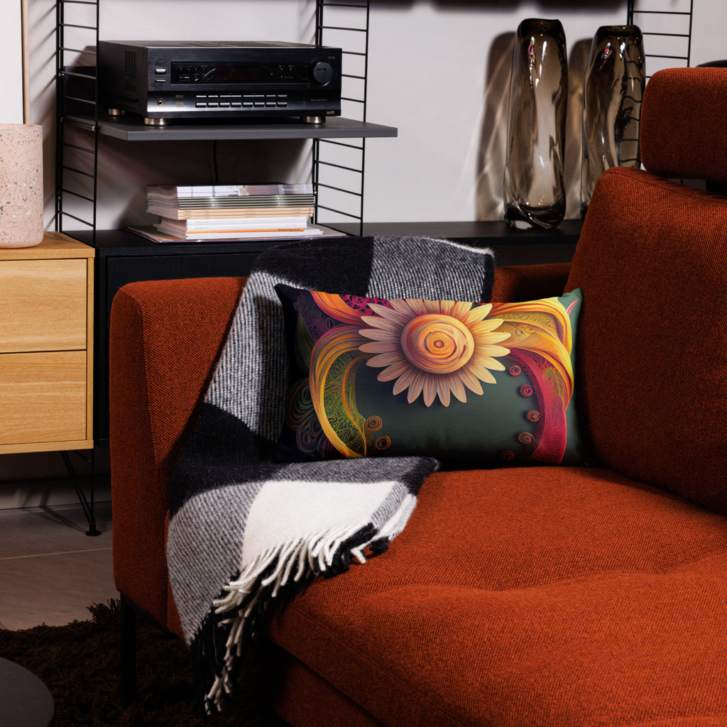 Premium Paper Quilled Daisy Throw Pillow - Intricate swirling ribbons in sunset pinks, golden yellows, and deep purples surrounding a delicate daisy bloom. 20" x 12"  front view in living room atop sofa
