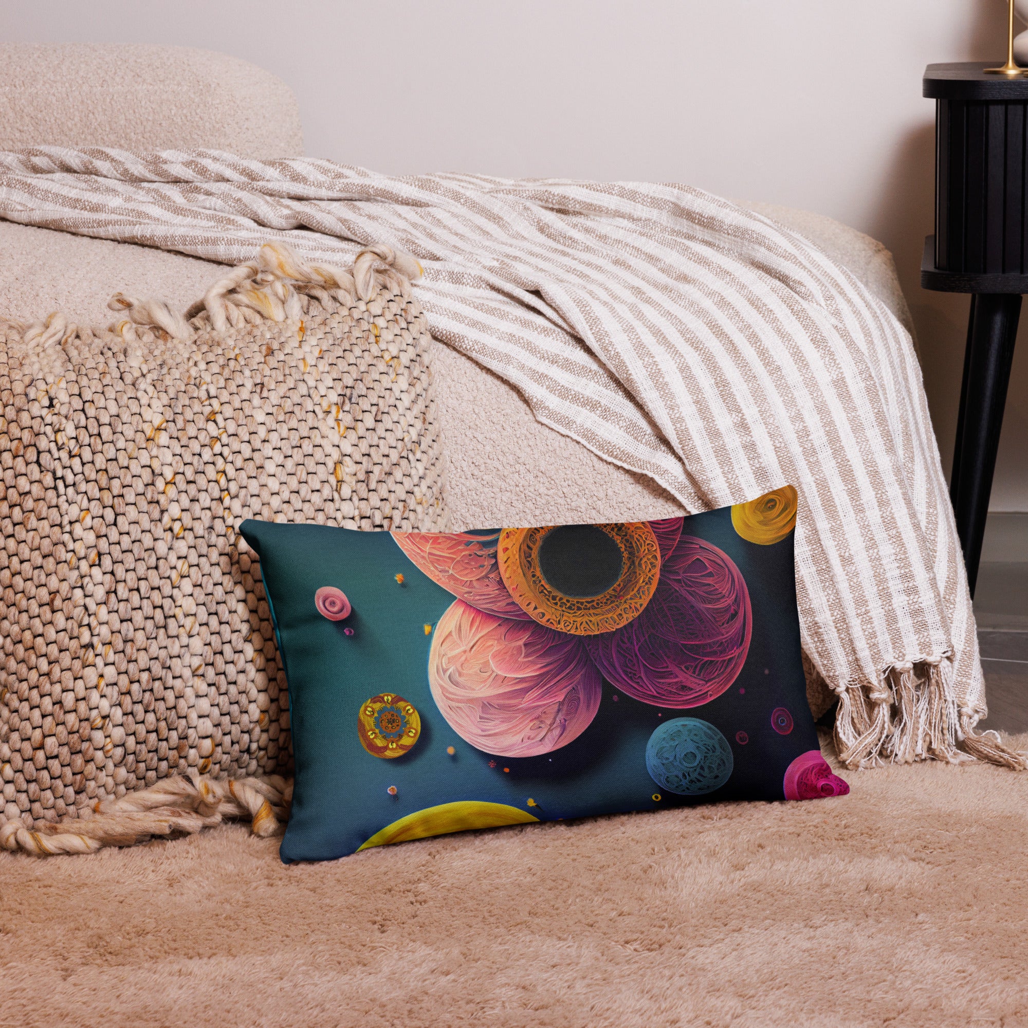 Premium Textured Bloom Throw Pillow - richly textured blooms in vibrant pinks, golds, and teals against a deep teal background - 20" x 12" front view