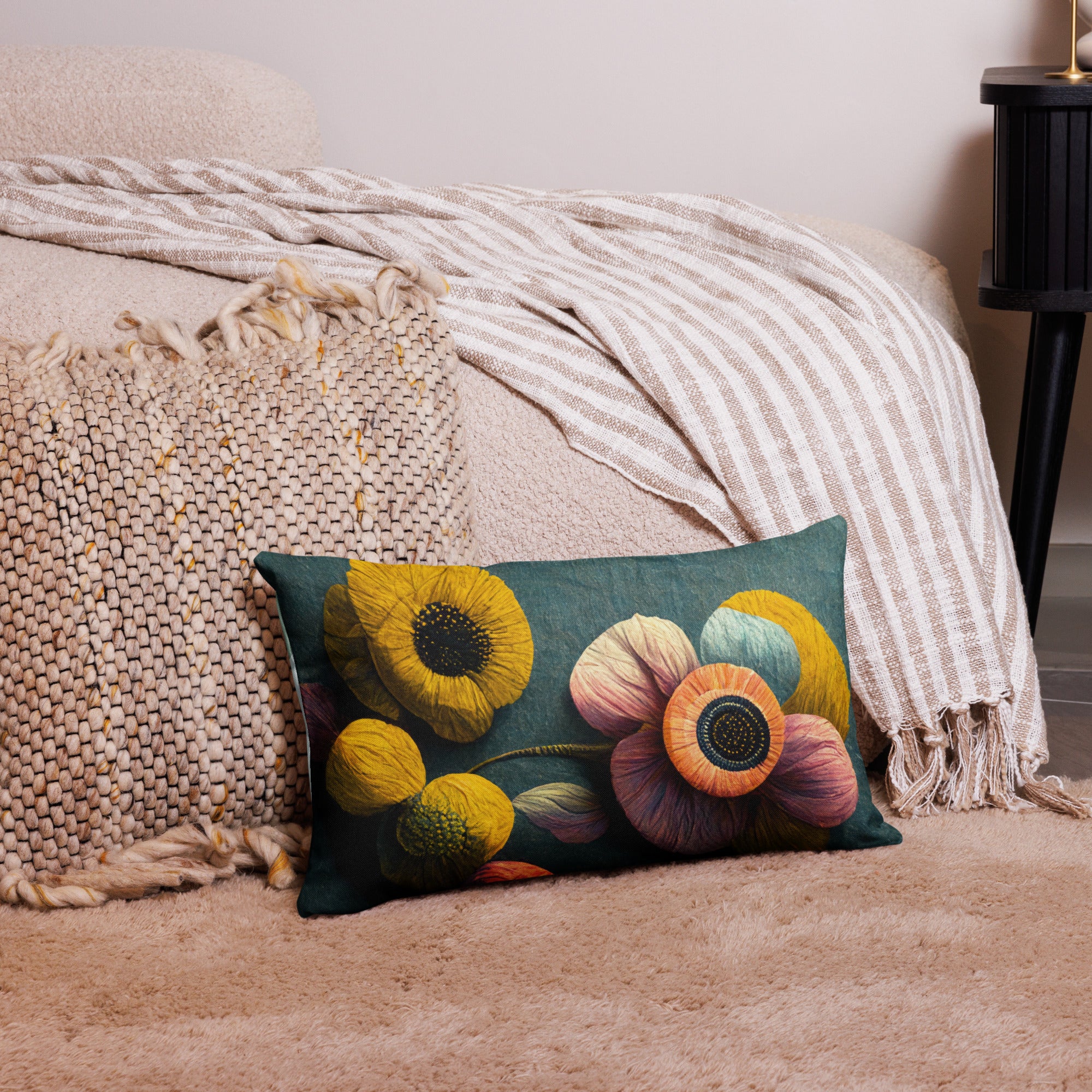 Premium Botanical Garden Throw Pillow -vibrant sunflowers and delicate blooms in golden yellows, soft pinks, and warm oranges against a rich teal background, 20"x12" front view