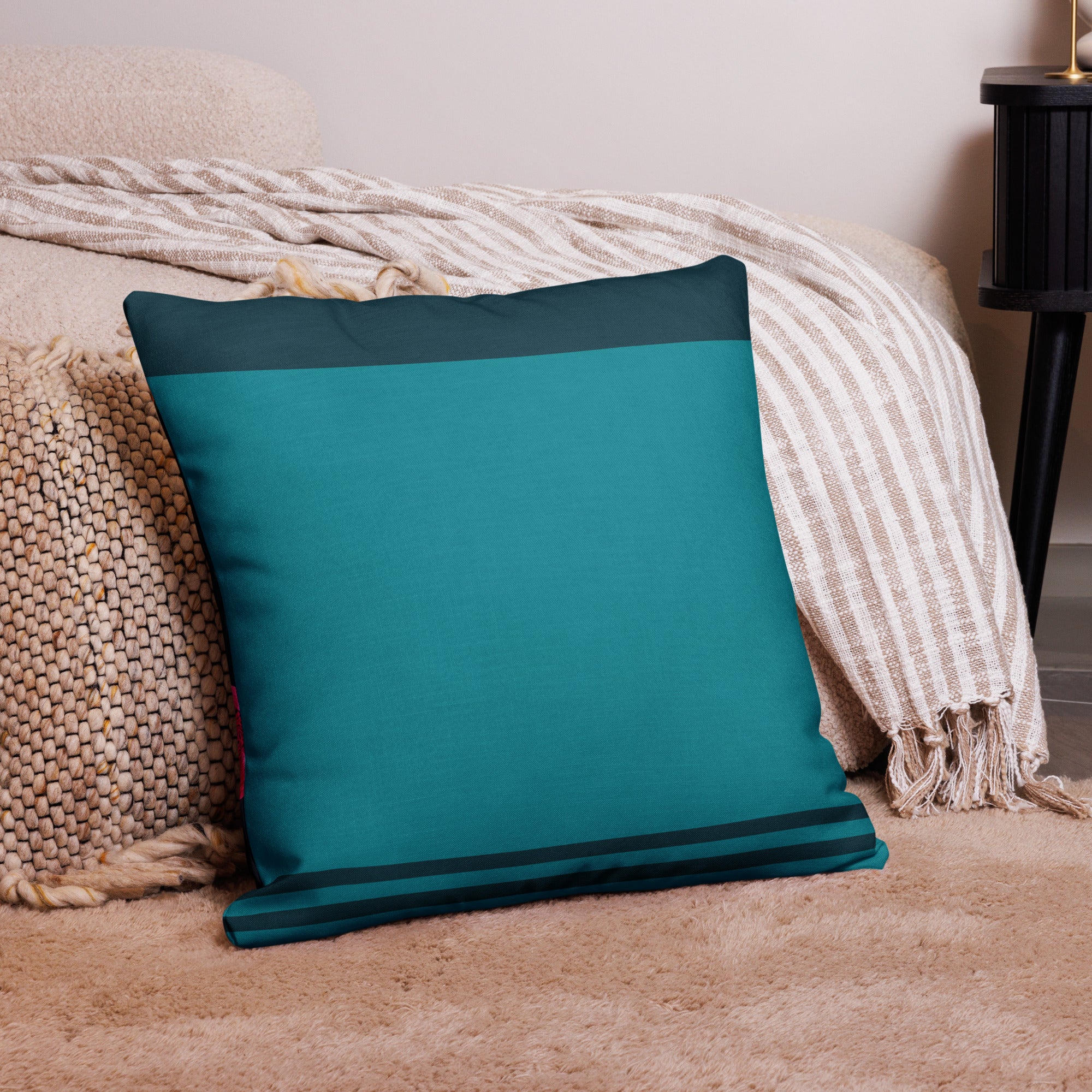 Premium Textured Bloom Throw Pillow - Turquoise  with rich teal border stripe- 22" x 22" back view