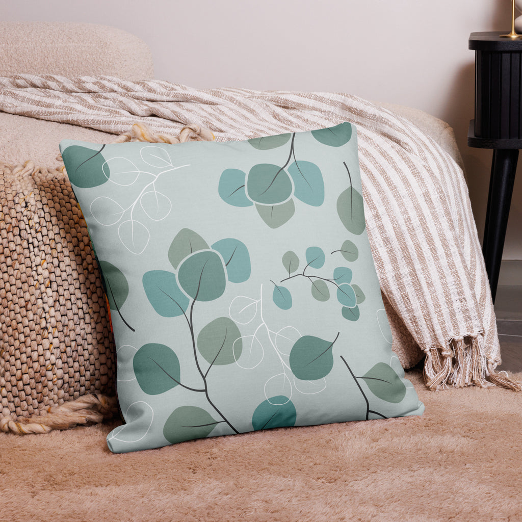 Premium Botanical Garden Throw Pillow -teal leaf design with delicate branches-  22"x 22" back view