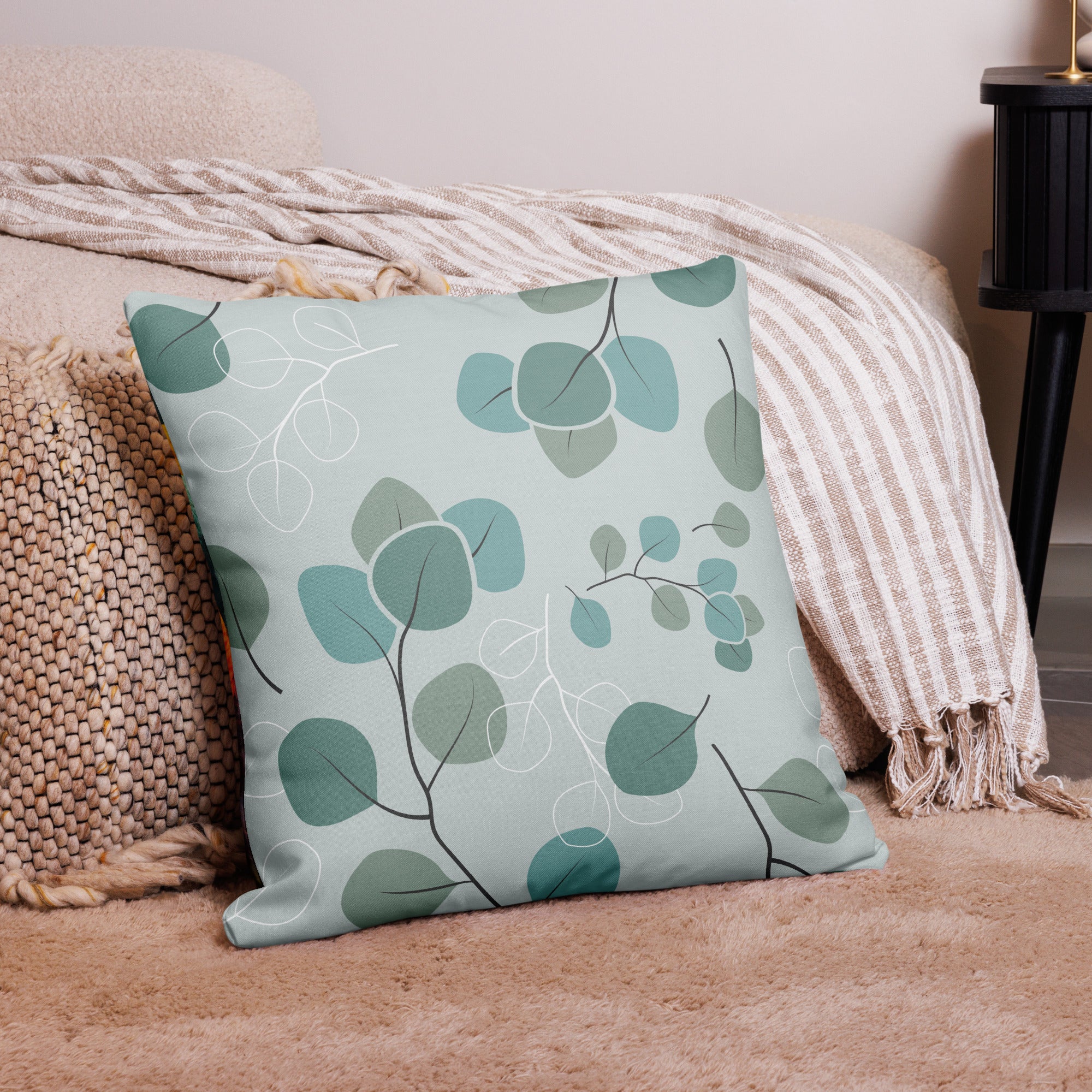Premium Botanical Garden Throw Pillow -teal leaf design with delicate branches-  22"x 22" back view