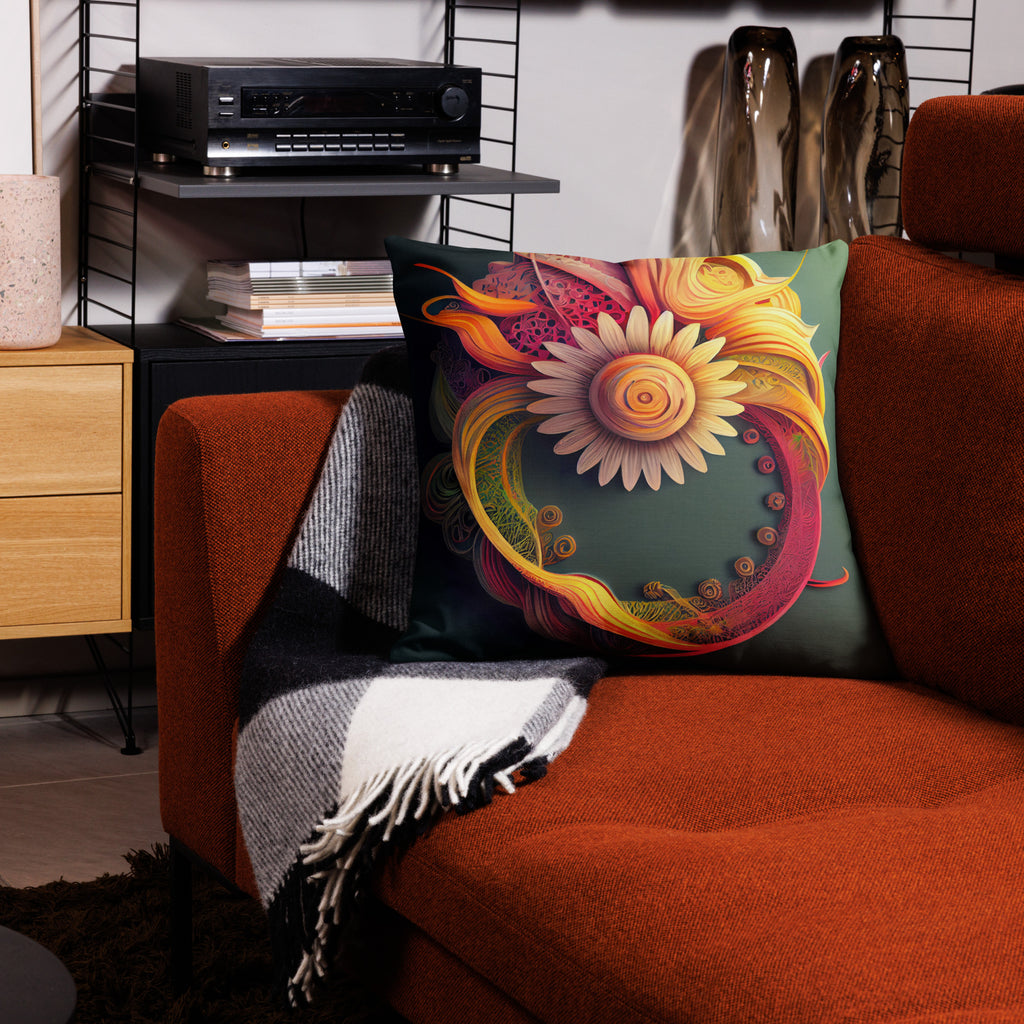Premium Paper Quilled Daisy Throw Pillow - Intricate swirling ribbons in sunset pinks, golden yellows, and deep purples surrounding a delicate daisy bloom. 22" x 22"  front view in living room atop a sofa
