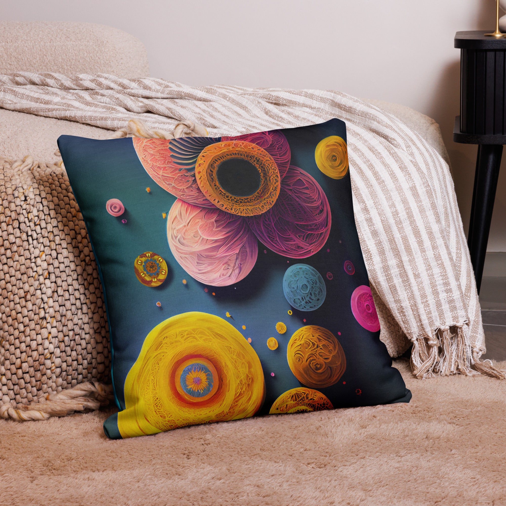 Premium Textured Bloom Throw Pillow - richly textured blooms in vibrant pinks, golds, and teals against a deep teal background - 22" x 22" front view