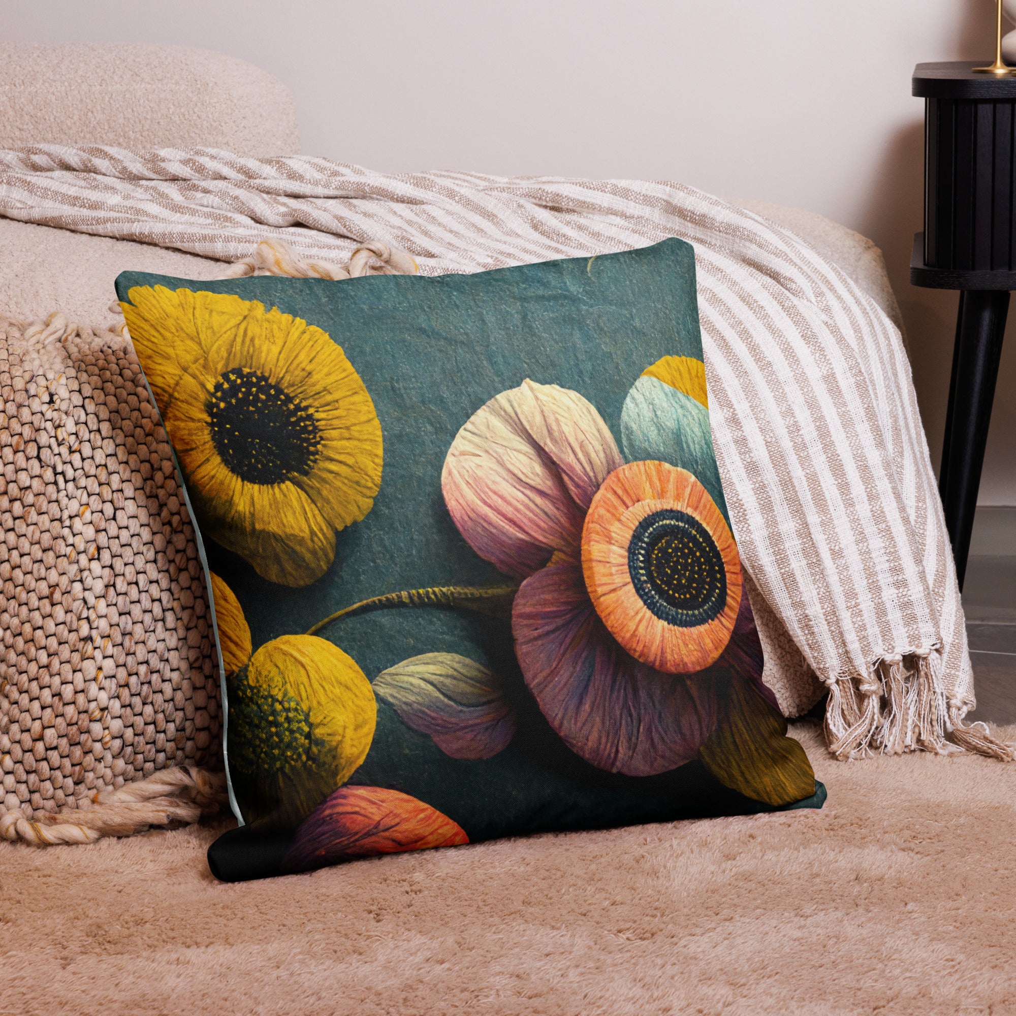 Premium Botanical Garden Throw Pillow -vibrant sunflowers and delicate blooms in golden yellows, soft pinks, and warm oranges against a rich teal background, 22"22" front view