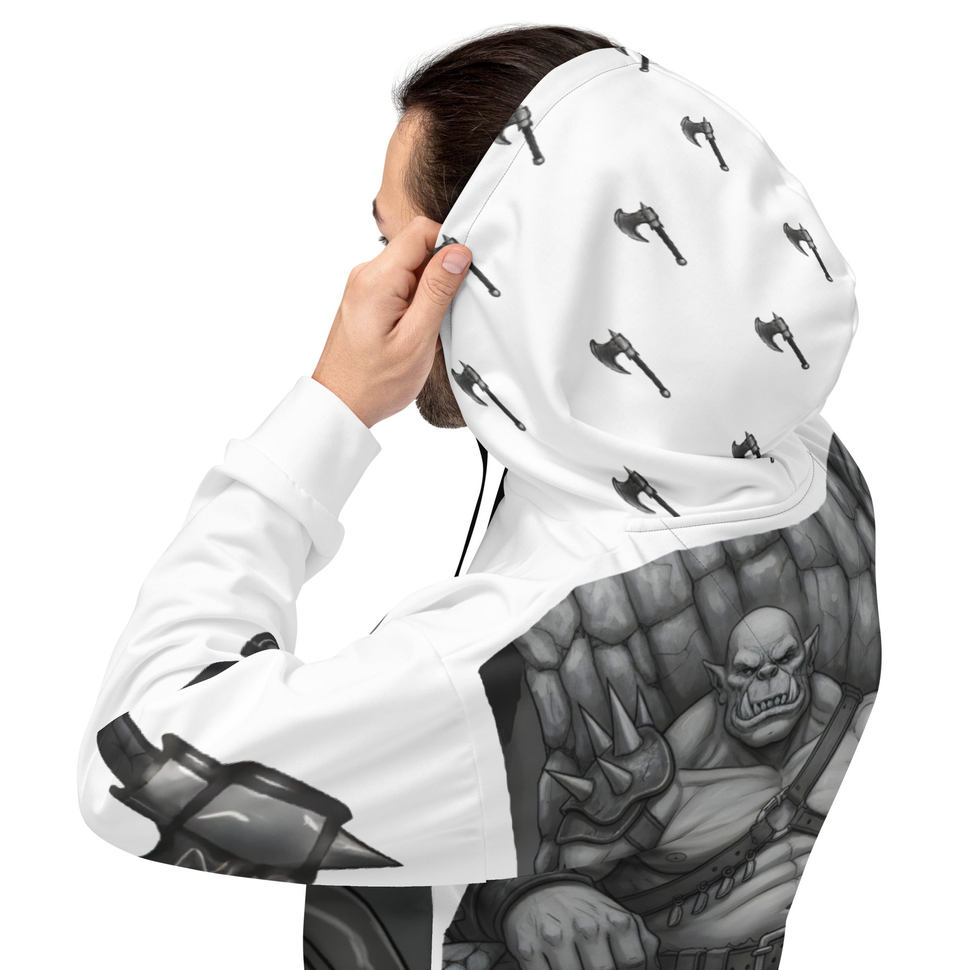 man wearing Coffee Warrior Orc Unisex Hoodie - Funny Before Coffee Hoodie-All over print - Black and white- Fierce Orc Warrior sitting in favorite chair holding a coffee mug- hood has axes printed in a pattern. Pocket and sleeves has an axe. - back left view