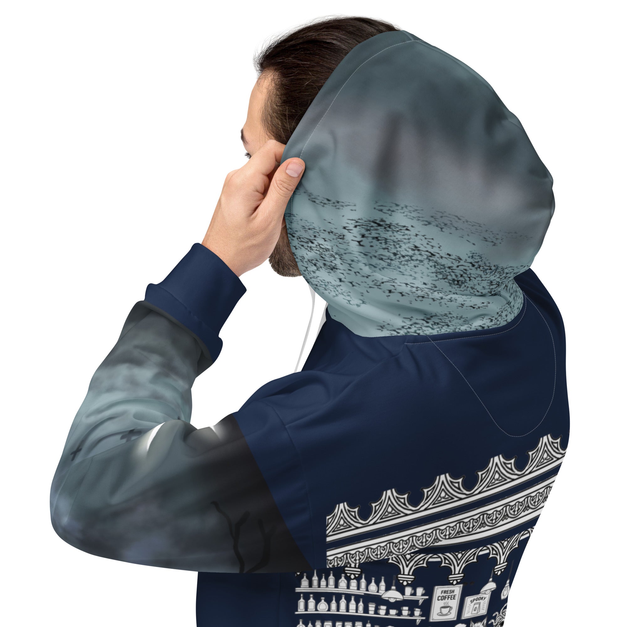 At The Monster Café Brew Crew Hoodie — Top view showing hood and  full gothic line art scene framed by ornamental border, navy and grey all-over print
