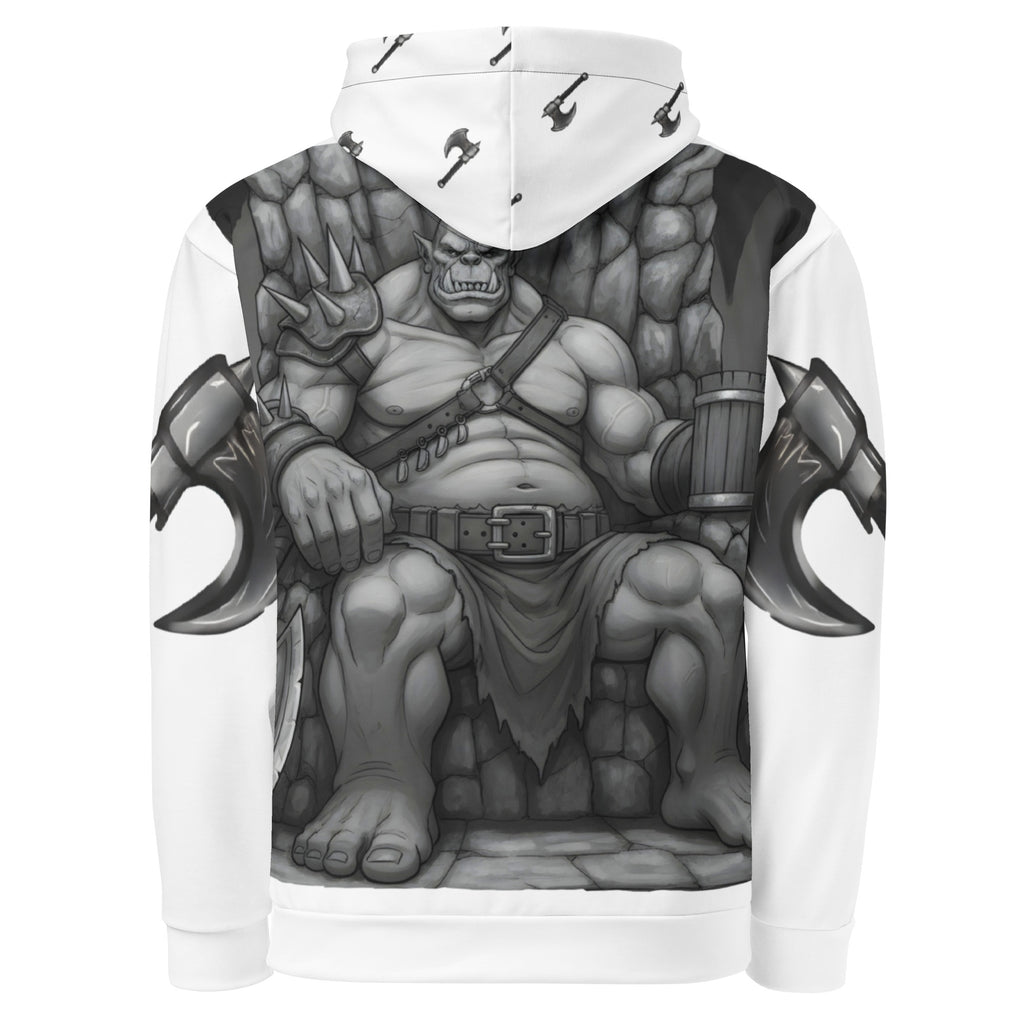 Coffee Warrior Orc Unisex Hoodie - Funny Before Coffee Hoodie-All over print - Black and white- Fierce Orc Warrior sitting in favorite chair holding a mug of coffee - hood has axes printed in a pattern. Pocket and sleeves has an axe. - back view
