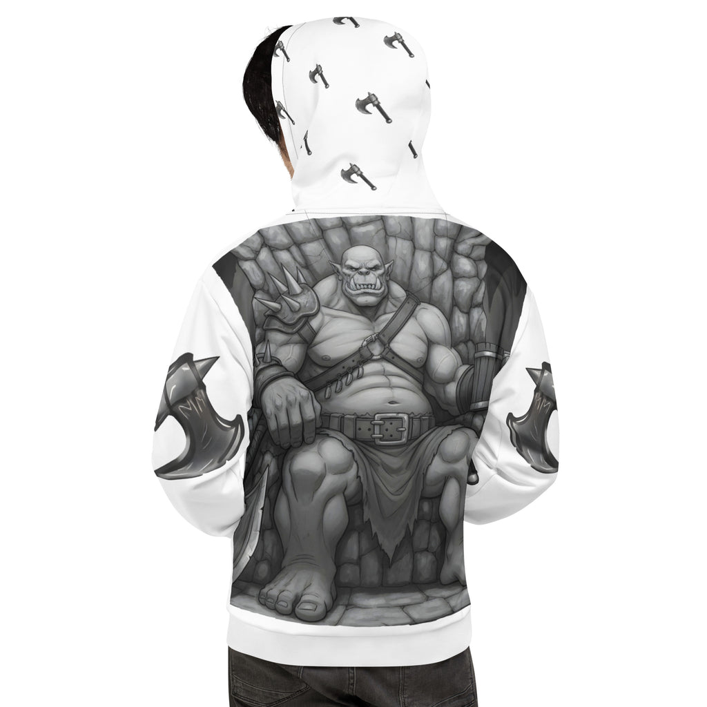 man wearing Coffee Warrior Orc Unisex Hoodie - Funny Before Coffee Hoodie-All over print - Black and white- Fierce Orc Warrior sitting in favorite chair holding coffee mug - hood has axes printed in a pattern. Pocket and sleeves has an axe. - back view