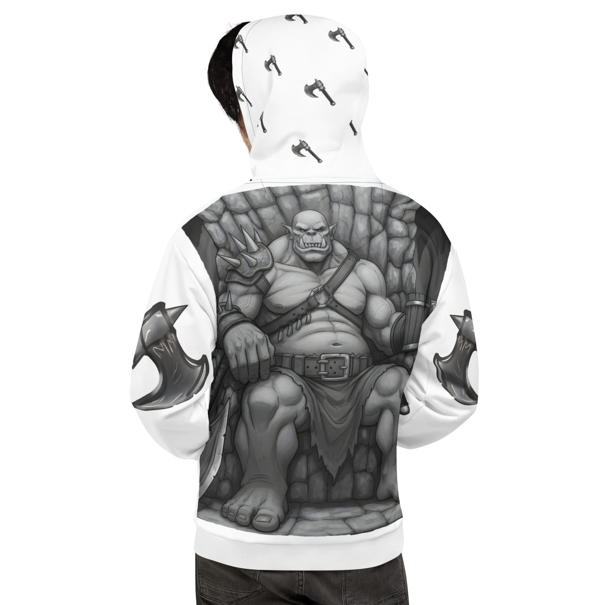 man wearing Coffee Warrior Orc Unisex Hoodie - Funny Before Coffee Hoodie-All over print - Black and white- Fierce Orc Warrior sitting in favorite chair holding coffee mug - hood has axes printed in a pattern. Pocket and sleeves has an axe. - back view